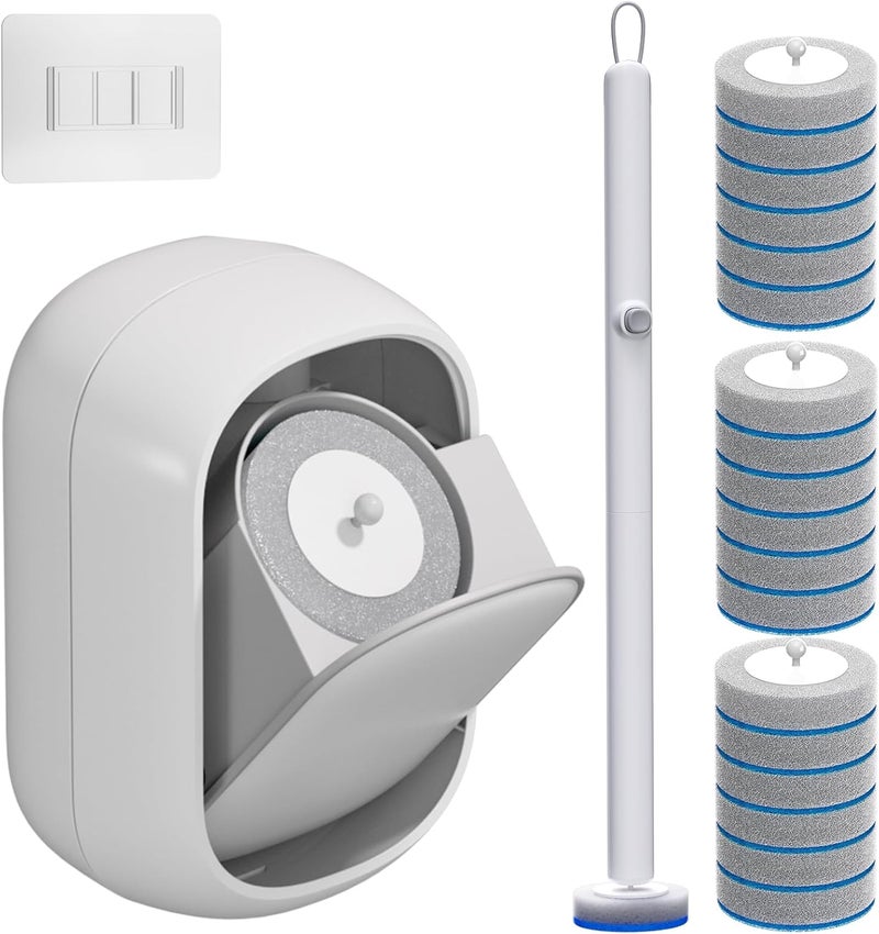 CTIME Disposable Toilet Brush and Holder Set with 18 Bowl Wand Cleaners Refill Pads, Bathroom Wall Mounted Toilet Bowl Cleaners Kit. - Image 1